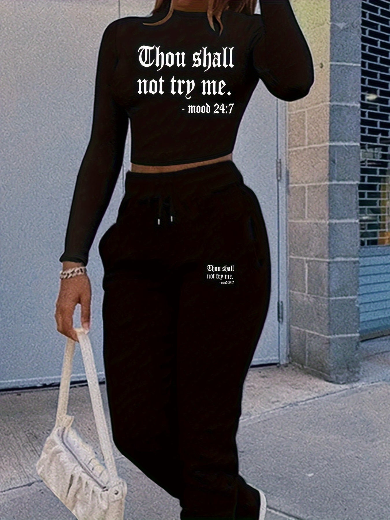 Women's Casual Long Sleeve Crop Top And Jogger Set - Letter Print, Drawstring Pants with Pockets - Fashionable Sporty Outfit - For Women - Suitable for Casual Wear, Loungewear, Exercise - Perfect Gift for Teen Girls & Young W